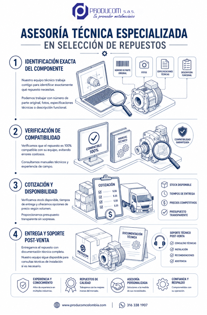 Infografía sobre el proceso de asesoría técnica especializada de PRODUCOM Colombia para la selección de repuestos industriales. Presenta cuatro etapas: identificación exacta del componente, verificación de compatibilidad, cotización y disponibilidad, y entrega con soporte postventa, garantizando una selección precisa, información transparente y respaldo técnico.