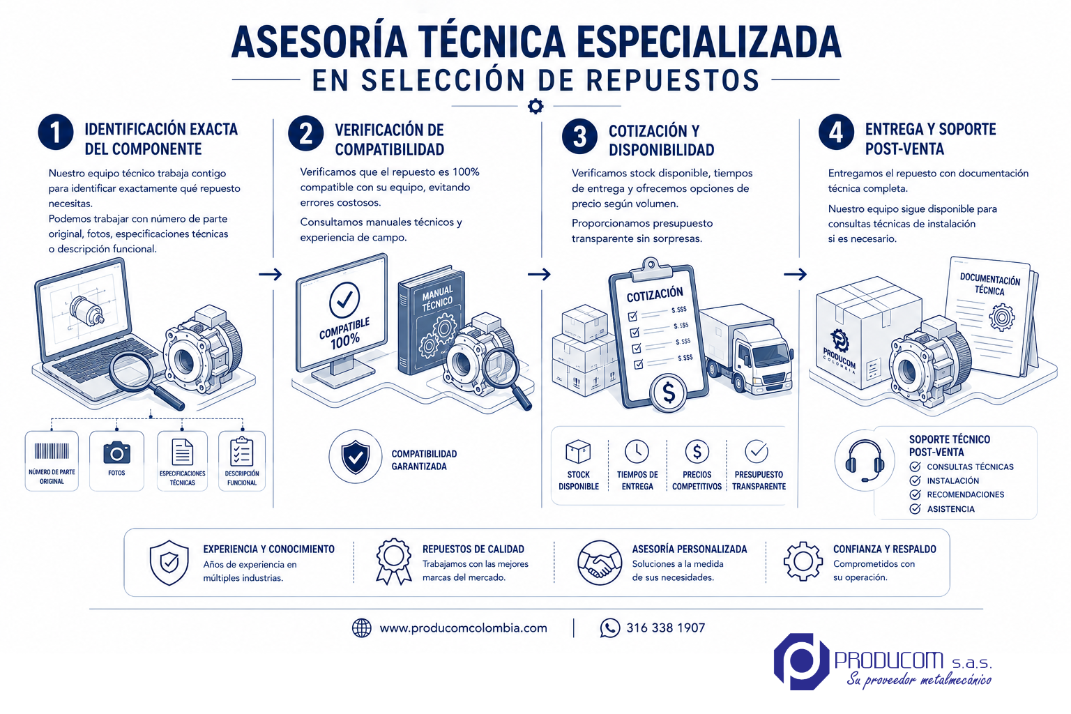 Infografía sobre el proceso de asesoría técnica especializada de PRODUCOM Colombia para la selección de repuestos industriales. Presenta cuatro etapas: identificación exacta del componente, verificación de compatibilidad, cotización y disponibilidad, y entrega con soporte postventa, garantizando una selección precisa, información transparente y respaldo técnico.