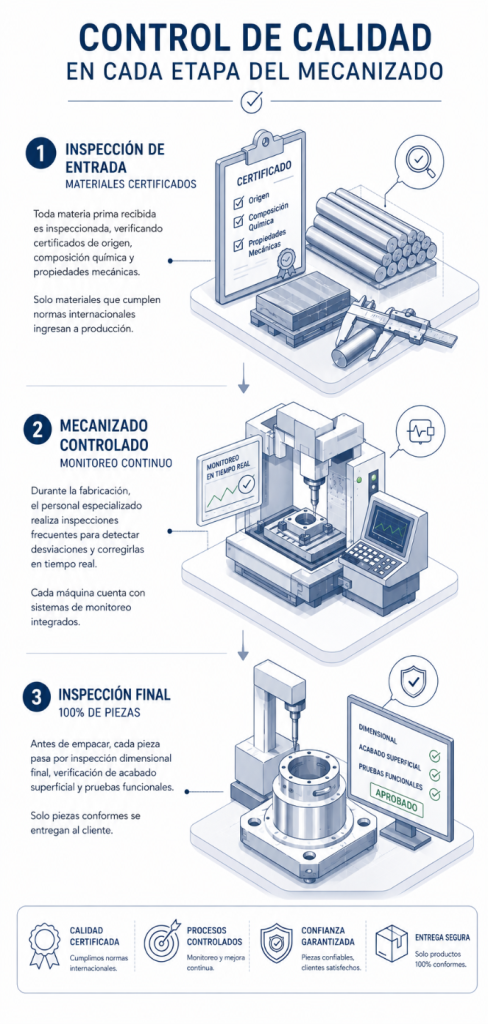 nfografía técnica que presenta las tres etapas fundamentales del control de calidad en procesos de mecanizado: inspección de entrada de materiales certificados, monitoreo continuo durante la fabricación e inspección final del 100 % de las piezas. Un proceso diseñado para garantizar precisión, cumplimiento de normas internacionales, confiabilidad y entrega de productos conformes.